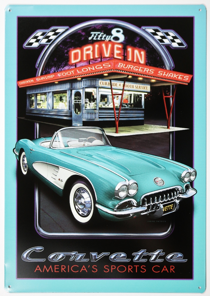 Plaque métallique format 42,5 x 30 cm Reproduction Vintage Drive In Corvette 57 CHEVROLET