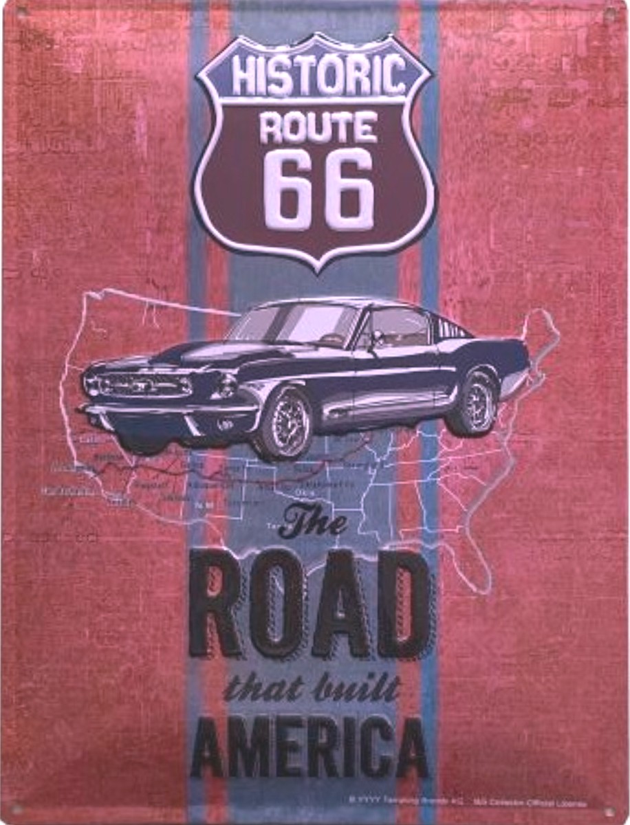 I&amp;S-6601RA-plaque-relief-métallique-americaine-bombée-mural-décoration-legend-historic-Route-66-legend-car-ford-mustang-retro-vintage