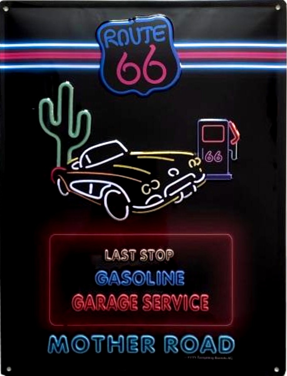 I&amp;S-6610RA-plaque-relief-métallique-americaine-bombée-mural-décoration-legend-historic-Route-66-legend-neon-fluo_garage-station-retro-vintage