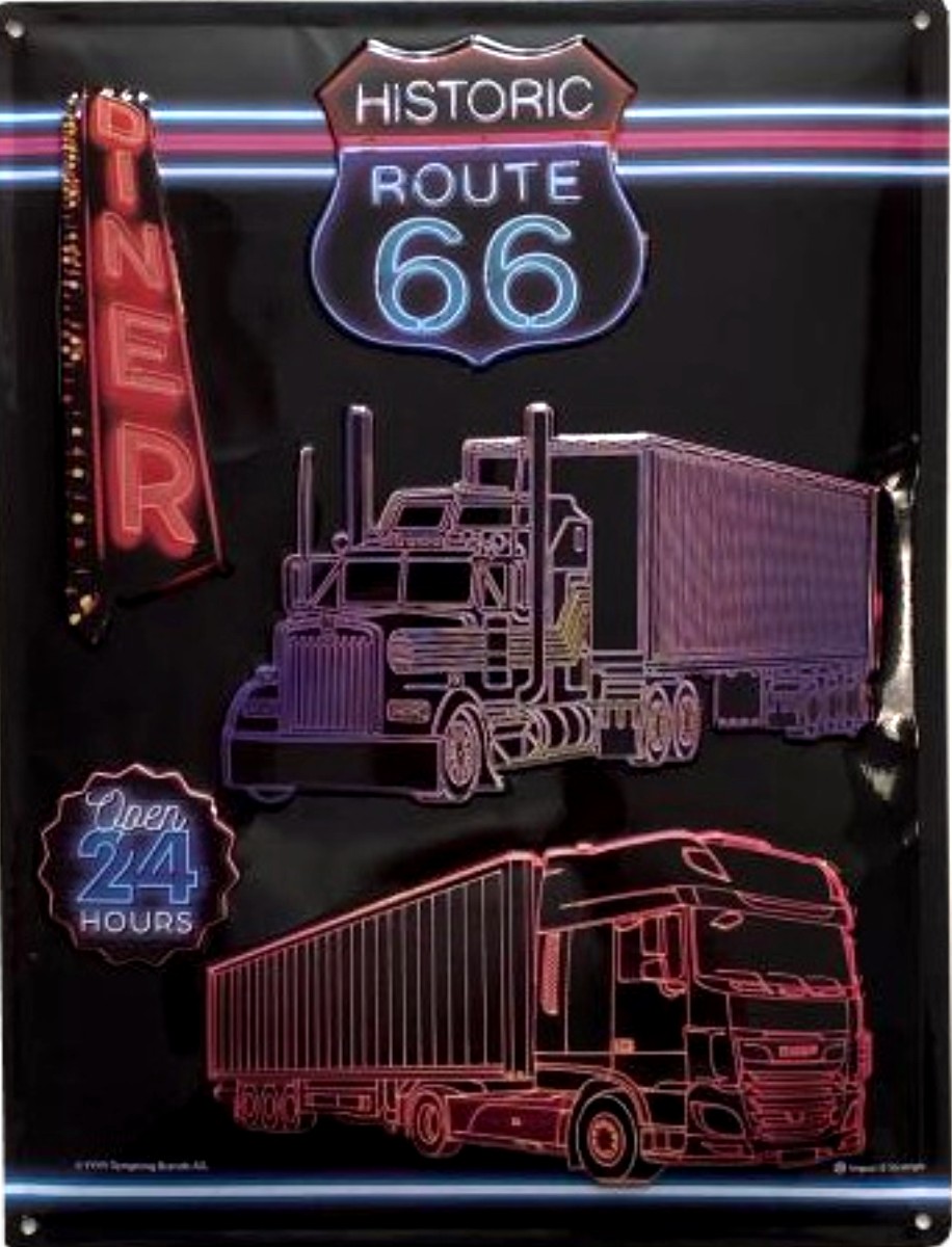 I&amp;S-6612RA-plaque-relief-métallique-americaine-bombée-mural-décoration-legend-historic-Route-66-legend-neon-fluo-diner-truck-retro-vintage