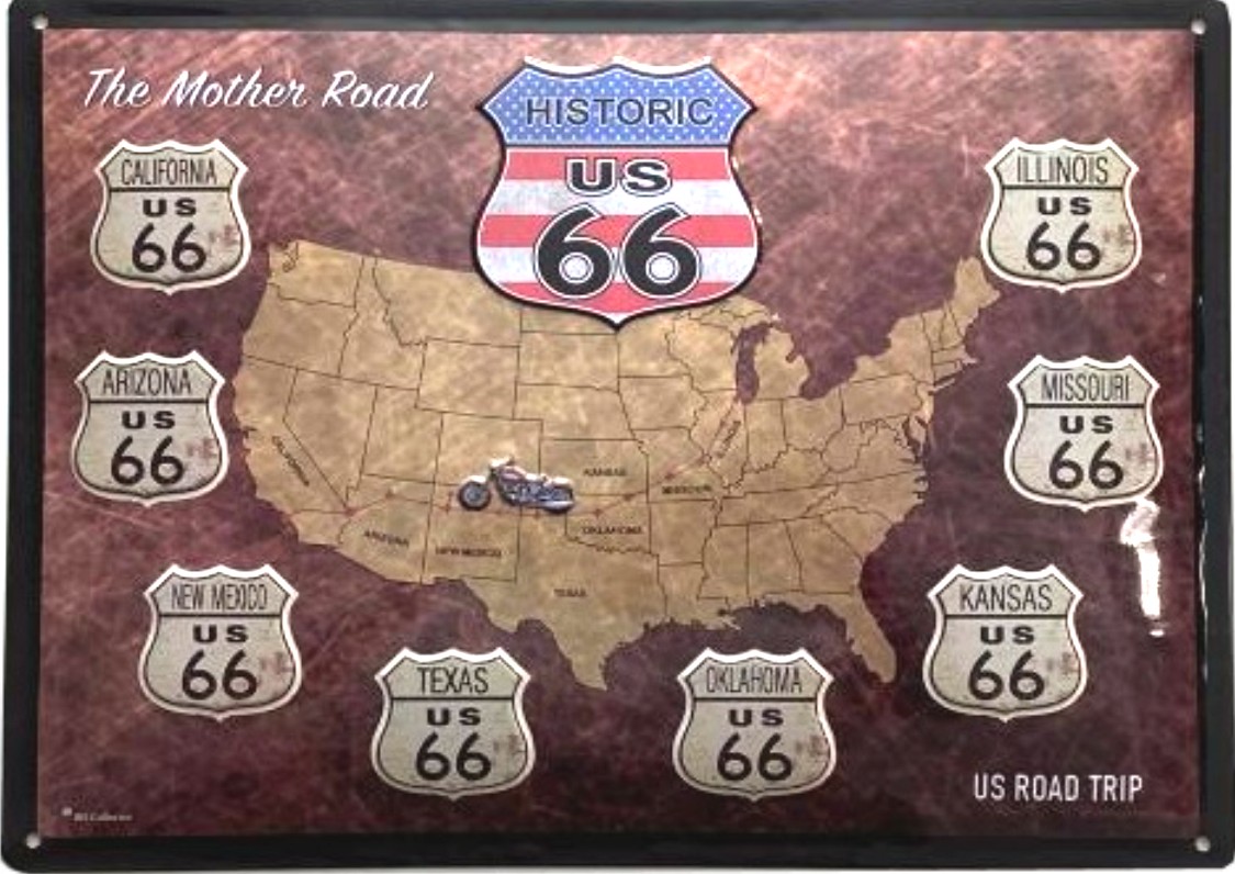 Plaque métallique 40 x 30 cm Bombée* Motorcycle Map Route US 66