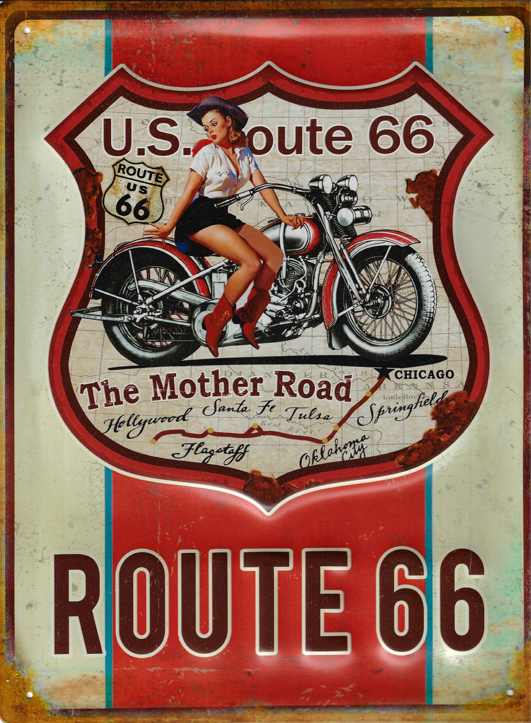 plaque metal route 66 moto pin up