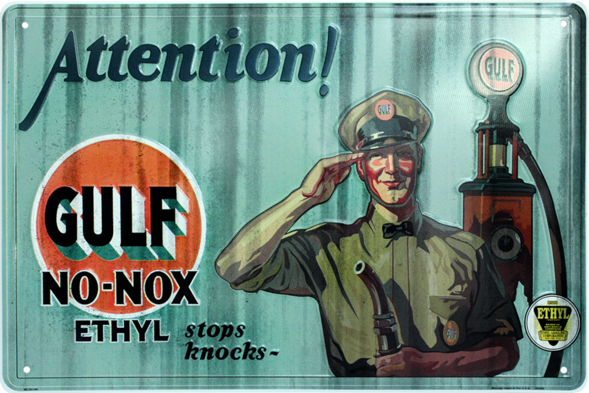 Plaque métallique 30 x 46 cm Gulf Attention Gasoline Motor Oil Ethyl No-Nox GULF The Original Orange Gasoline