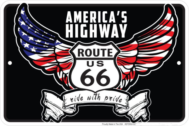 Plaque métallique format 20 x 30 cm America\'s Highway Route 66 Ride with Pride