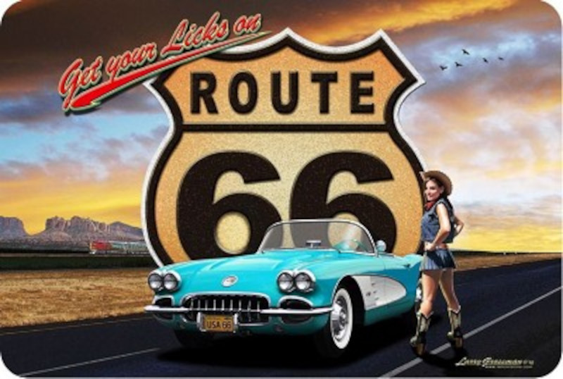 Plaque métallique format 20 x 30 cm Corvette bleu Get your kicks on Route 66 By Larry Grossman Artist