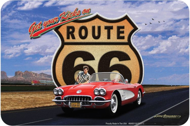 Plaque métallique format 20 x 30 cm Corvette rouge Get your kicks on US 66 By Larry Grossman Artist