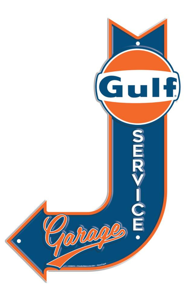 Enseigne Flèche métallique 28 x 45 cm Garage Service GULF OIL & GASOLINE GULF The Original Orange Gasoline