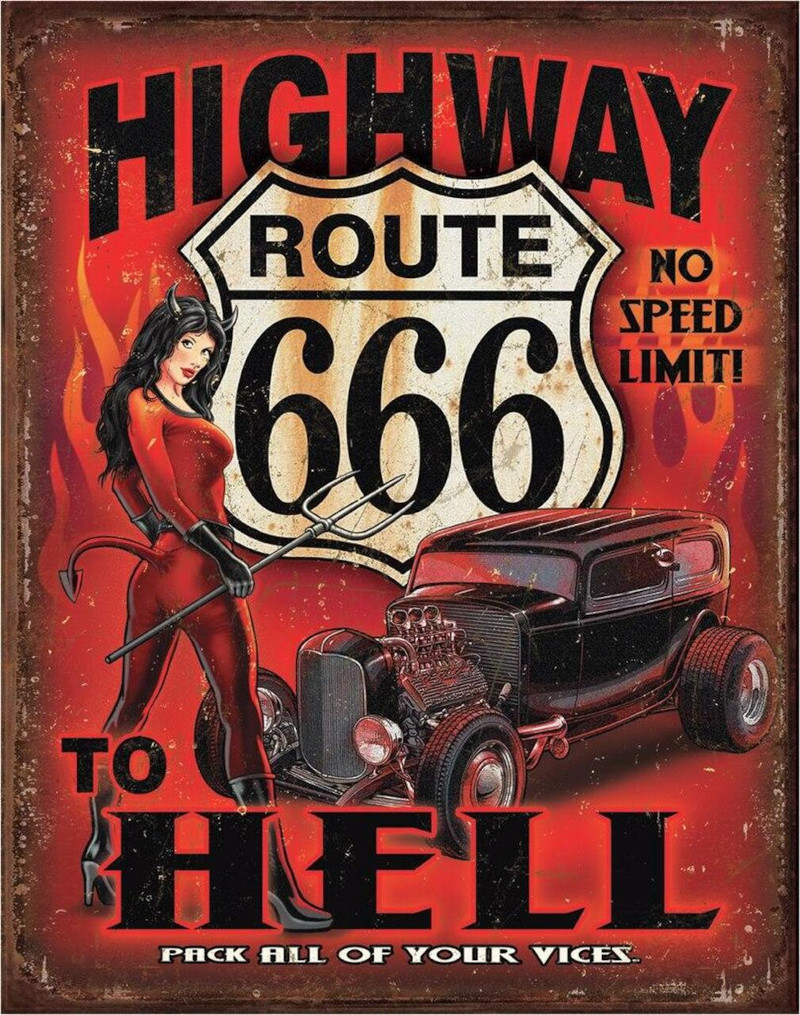 Plaque métallique format 41 x 32 cm Highway To Hell 666 Hot Rod