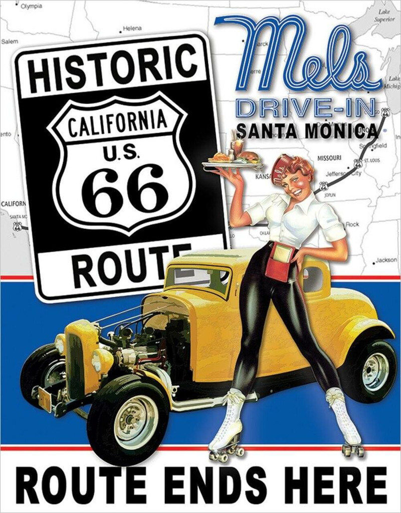 Plaque métallique format 41 x 32 cm Route Ends Here Route 66 Hot Rod