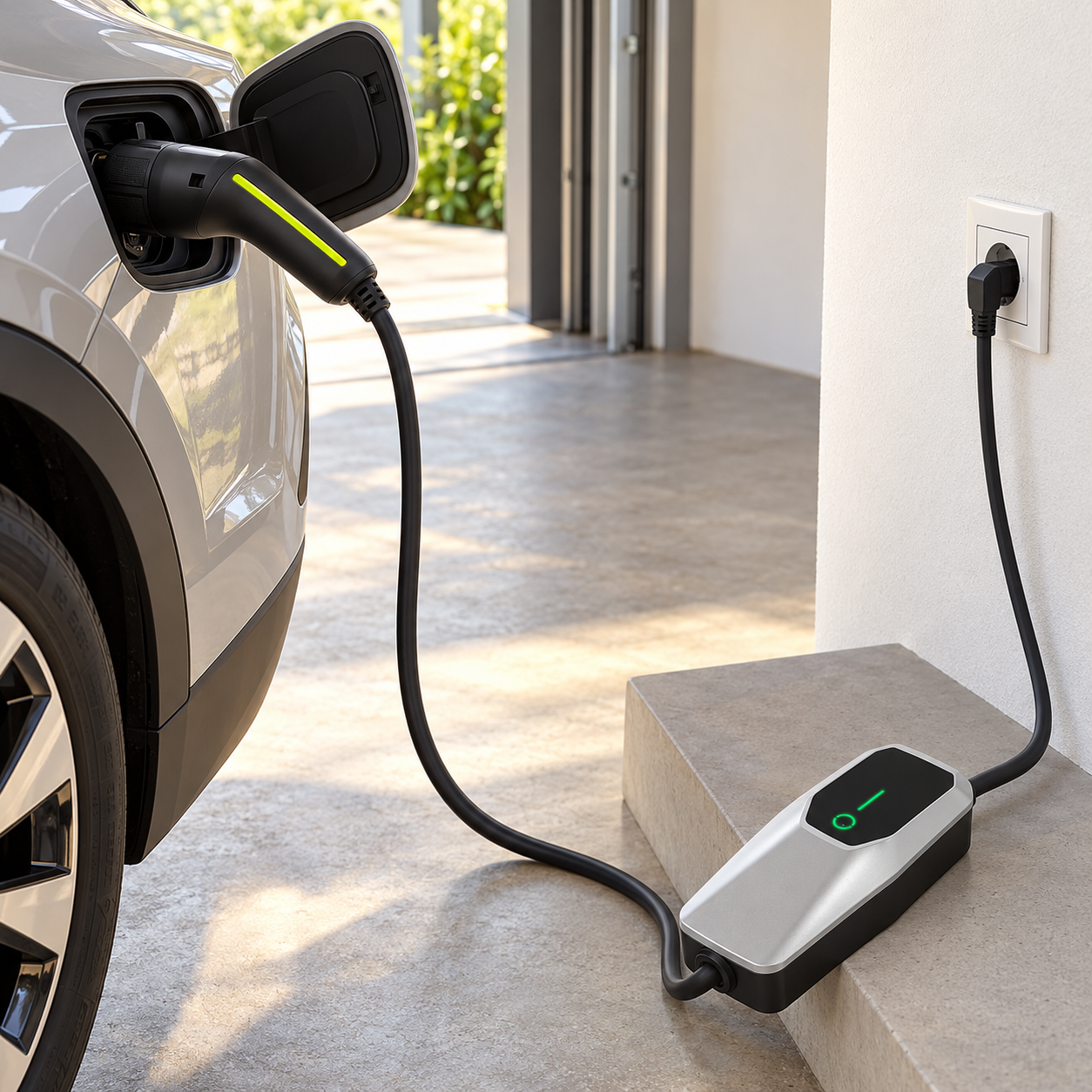 Chargeur portable Type 2 branché à un véhicule dans un garage