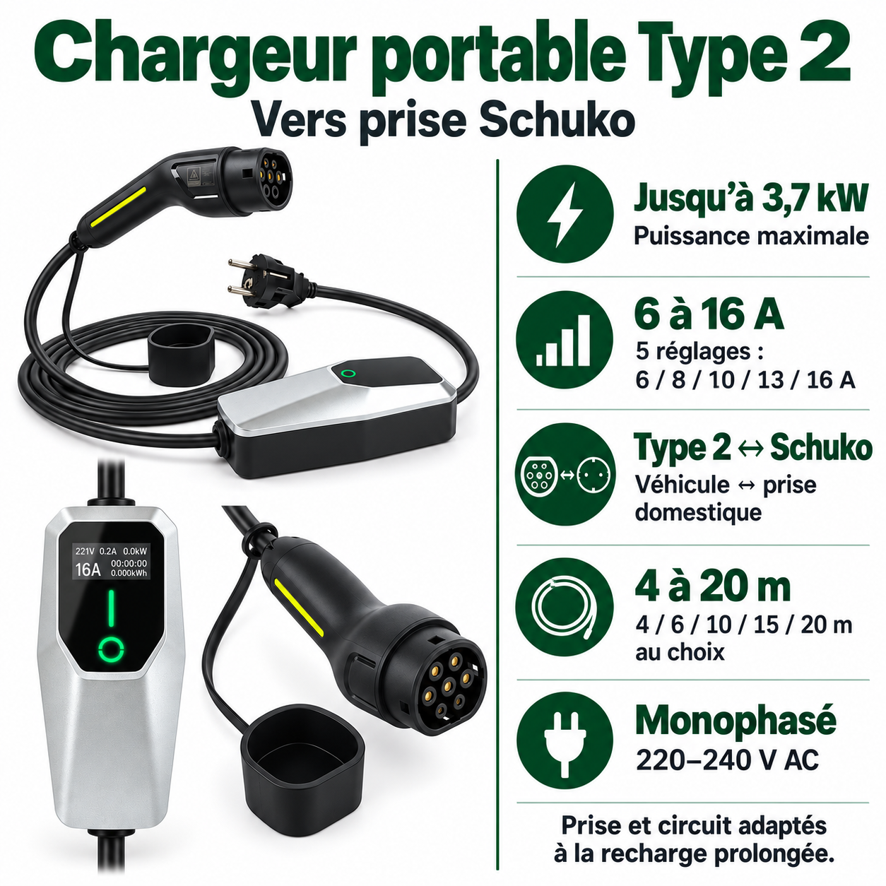 Caractéristiques du chargeur Type 2 : 3,7 kW, 6 à 16 A et longueurs de 4 à 20 m