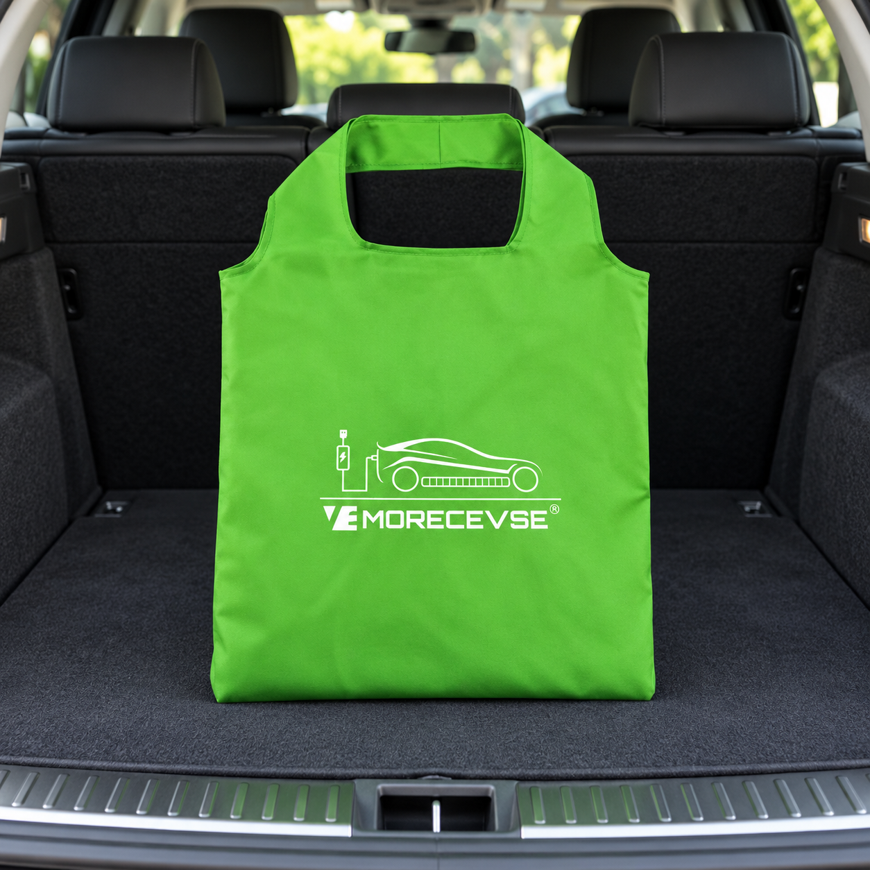Sac vert de transport pour câble de recharge dans un coffre