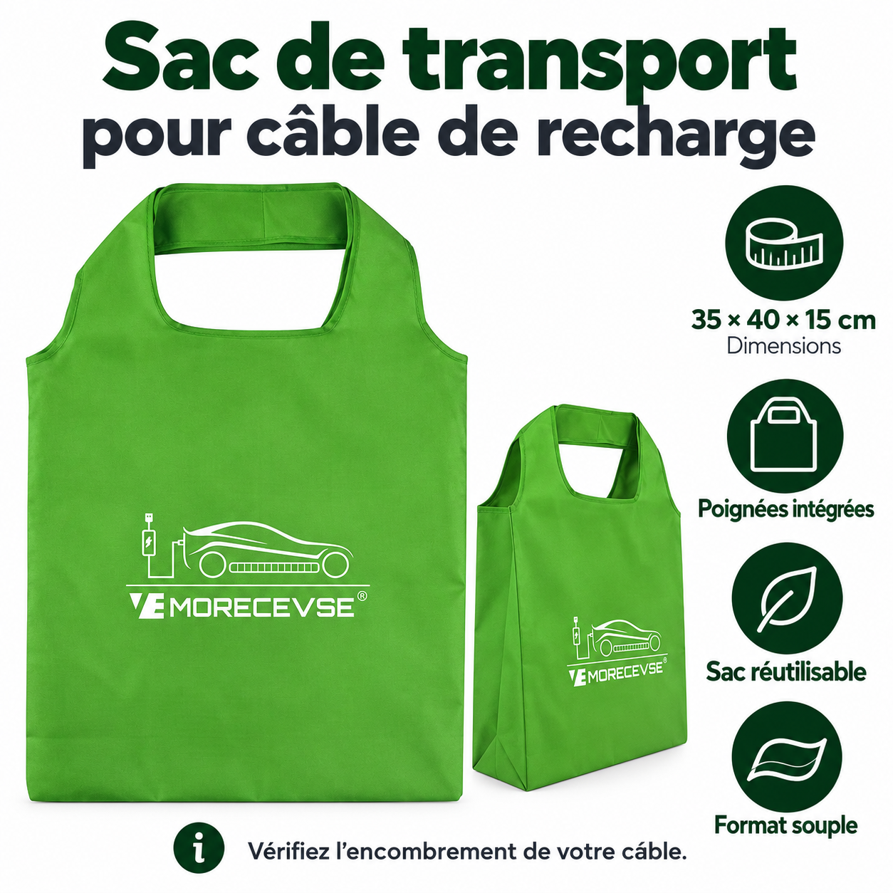 Sac souple : dimensions 35 × 40 × 15 cm et poignées intégrées