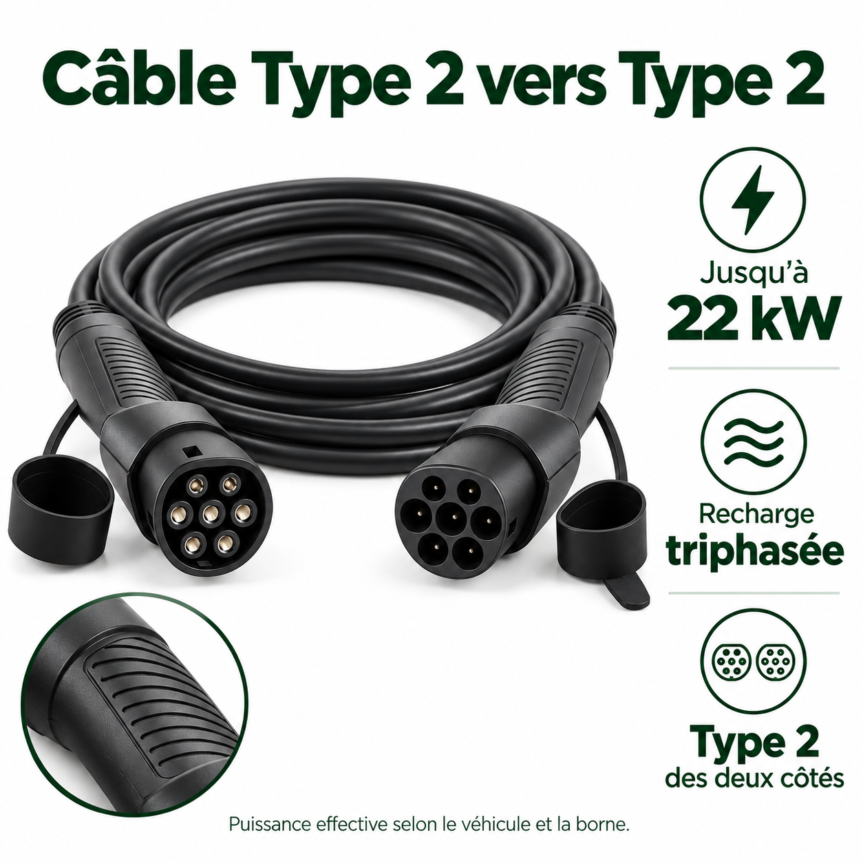 Câble Type 2 vers Type 2 : jusqu’à 22 kW, recharge triphasée