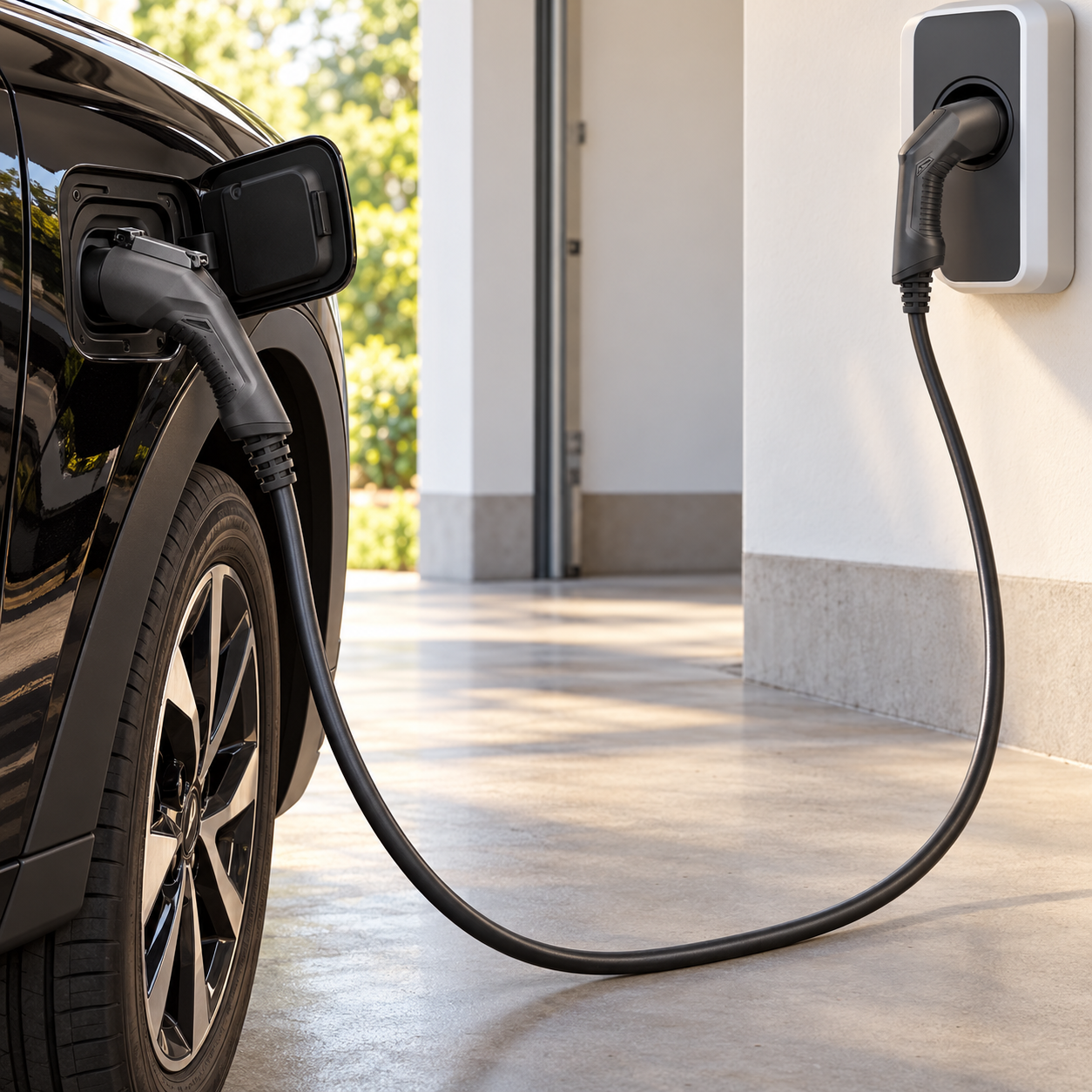 Câble Type 1 vers Type 2 reliant un véhicule à une borne de recharge