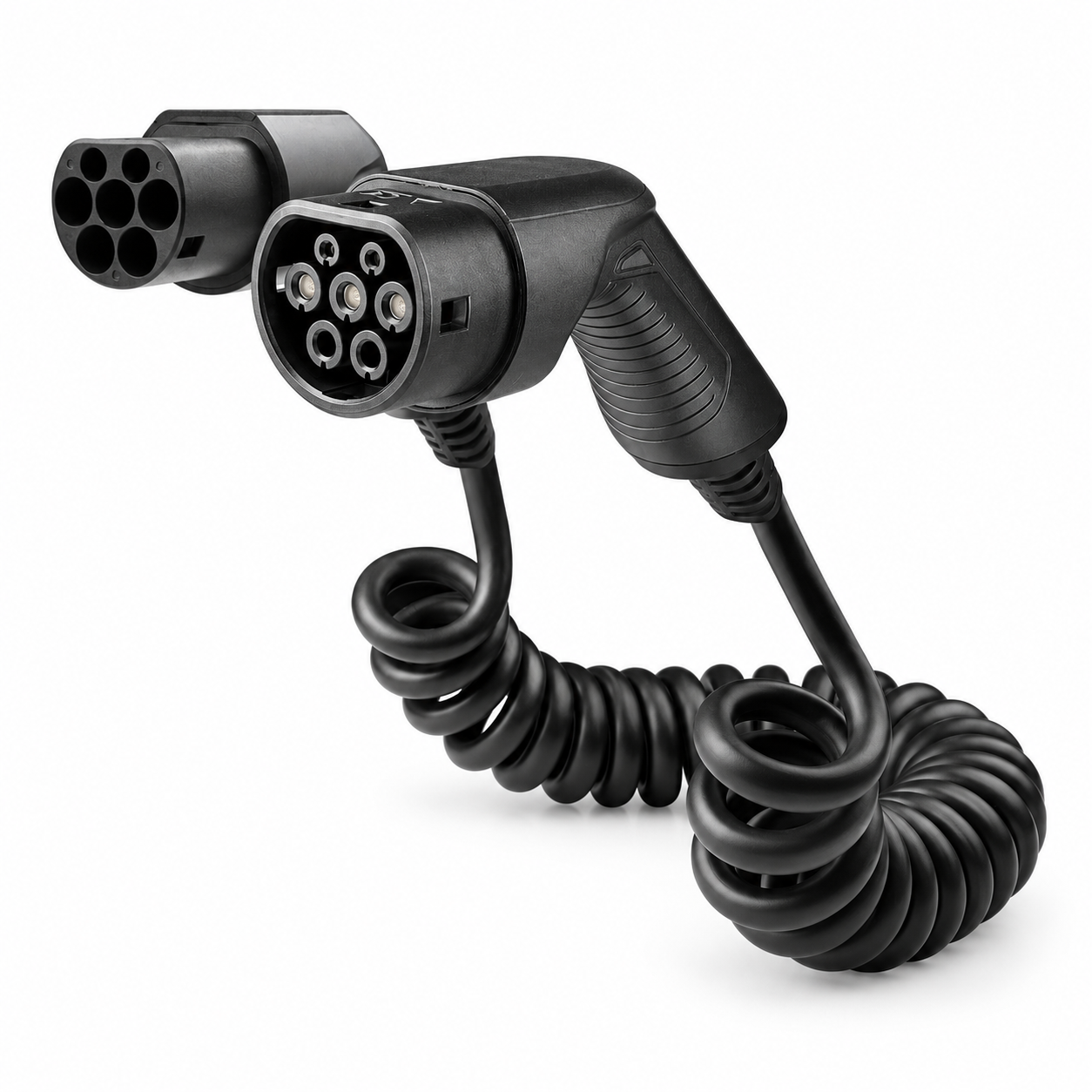 Câble spiralé noir Type 2 vers Type 2 avec connecteurs visibles