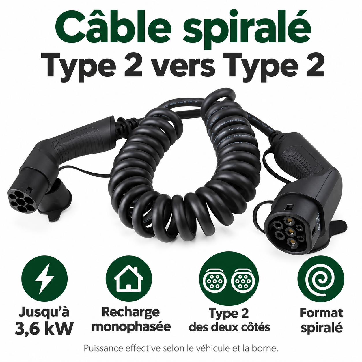 Câble spiralé Type 2 vers Type 2 : jusqu’à 3,6 kW en monophasé