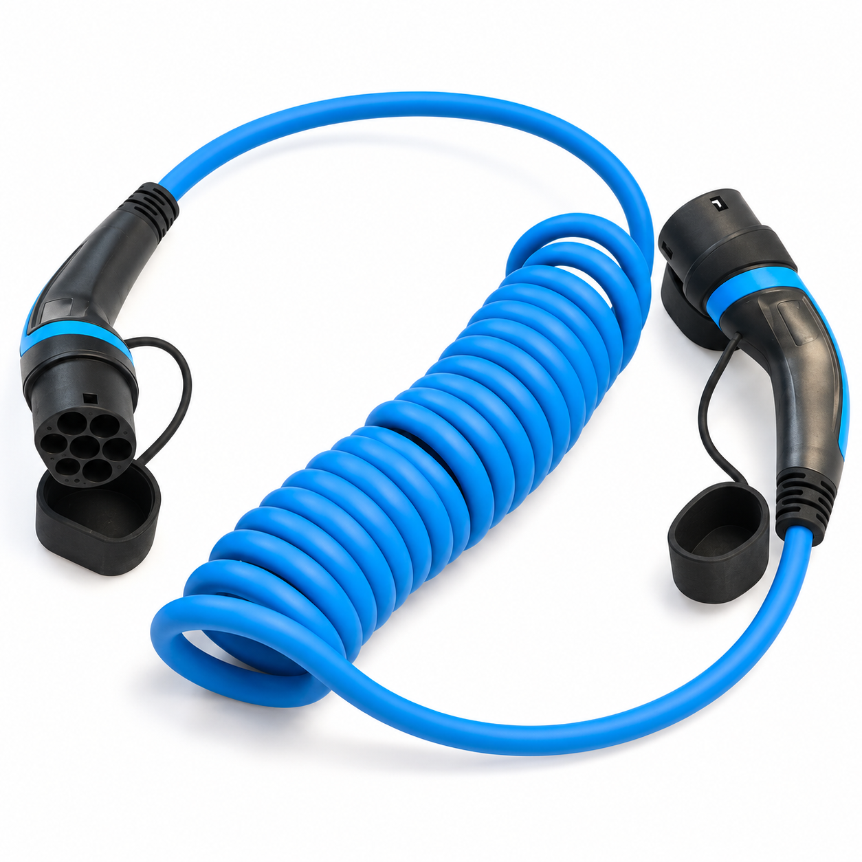 Câble spiralé bleu Type 2 vers Type 2 avec poignées noires et bleues