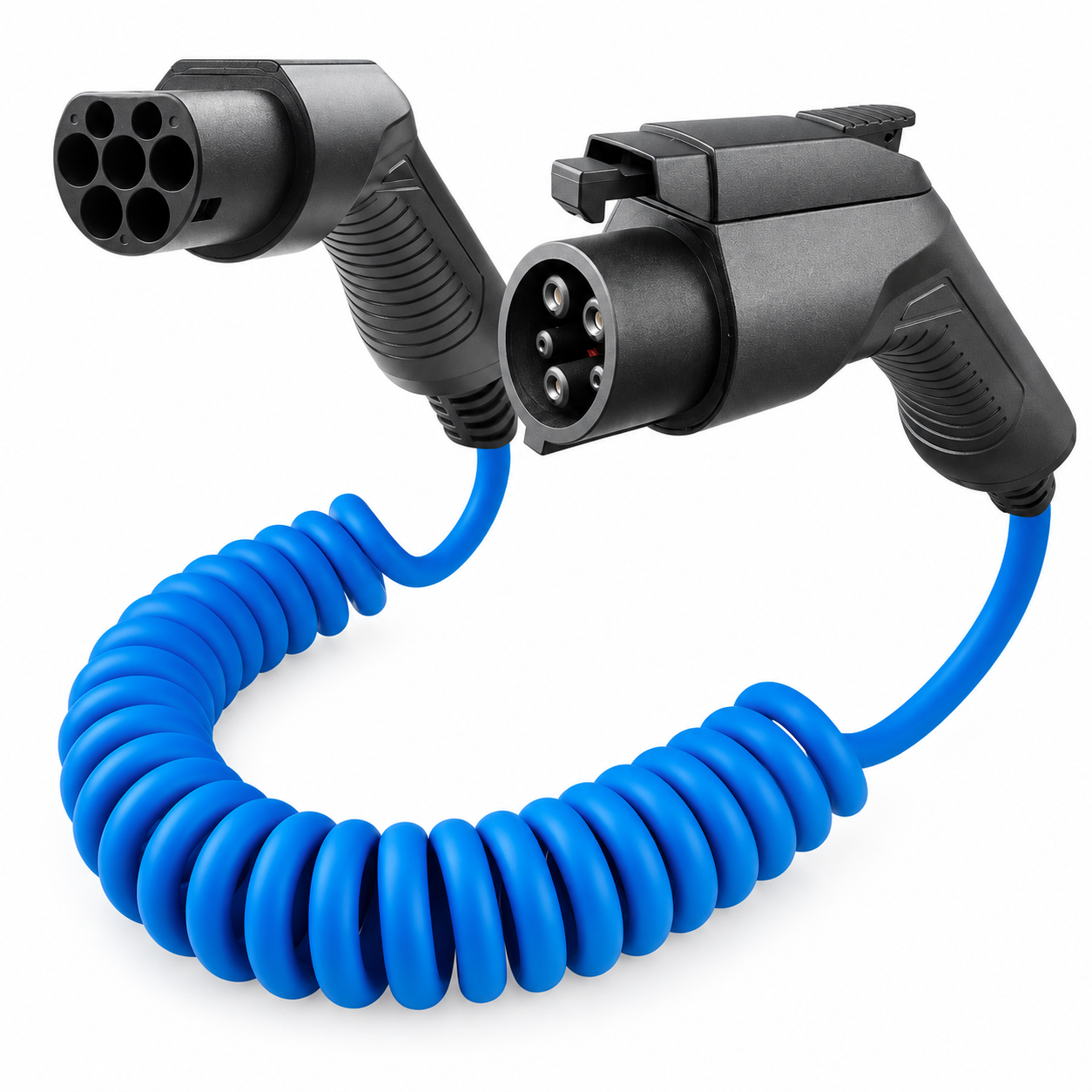 Câble spiralé bleu Type 1 vers Type 2 avec connecteurs visibles