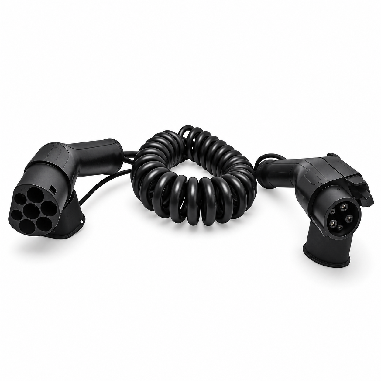 Câble spiralé noir Type 1 vers Type 2 avec connecteurs visibles