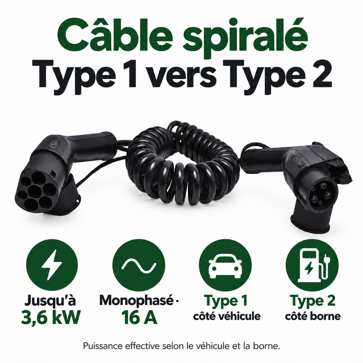 Câble spiralé Type 1 vers Type 2 : jusqu’à 3,6 kW, monophasé 16 A