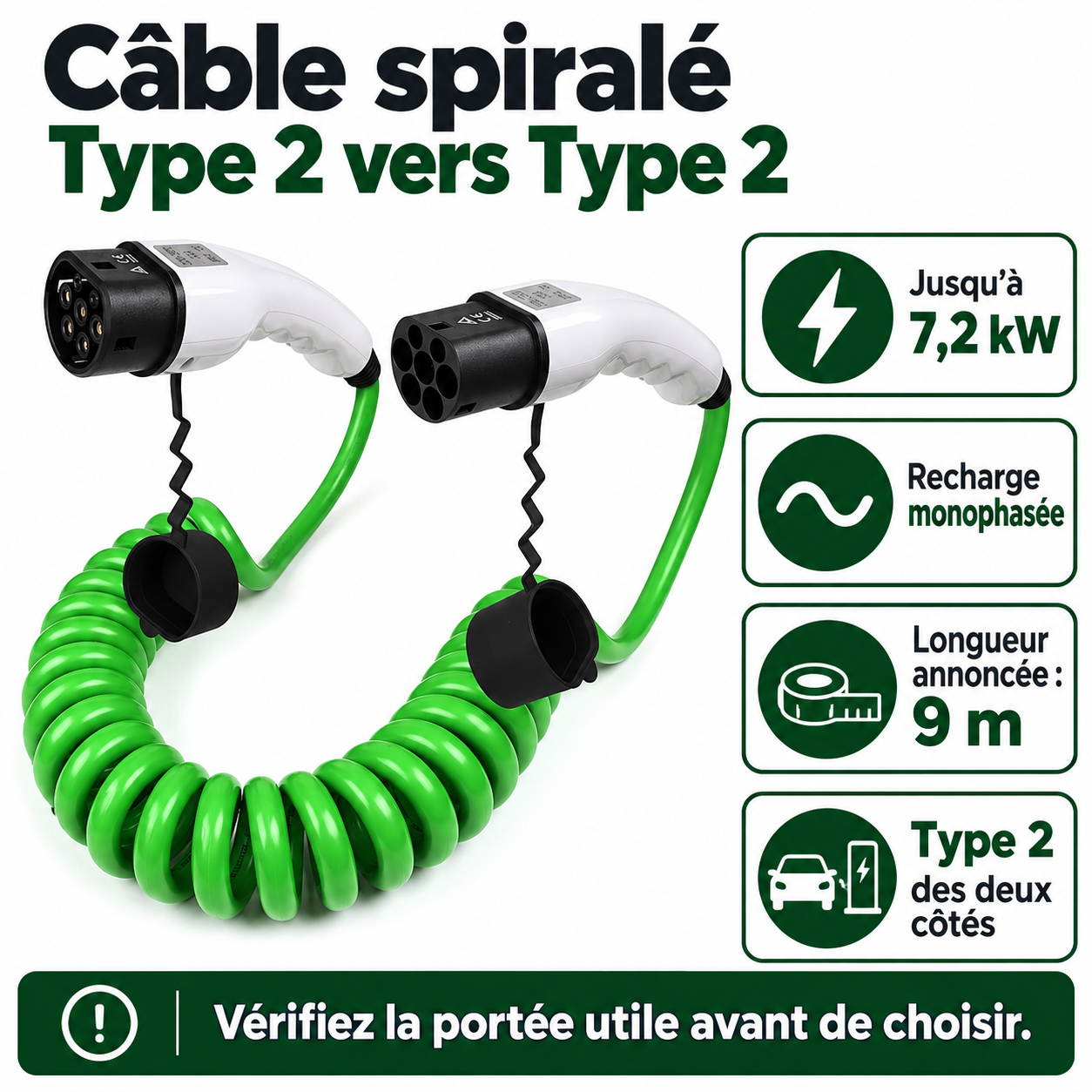 Câble spiralé Type 2 : 7,2 kW en monophasé et longueur annoncée 9 m