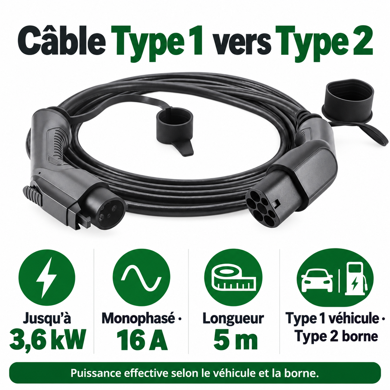 Câble Type 1 vers Type 2 : 3,6 kW, monophasé 16 A et longueur 5 m