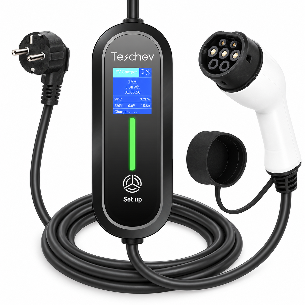 Chargeur portable Type 2 vers Schuko avec boîtier noir et poignée blanche