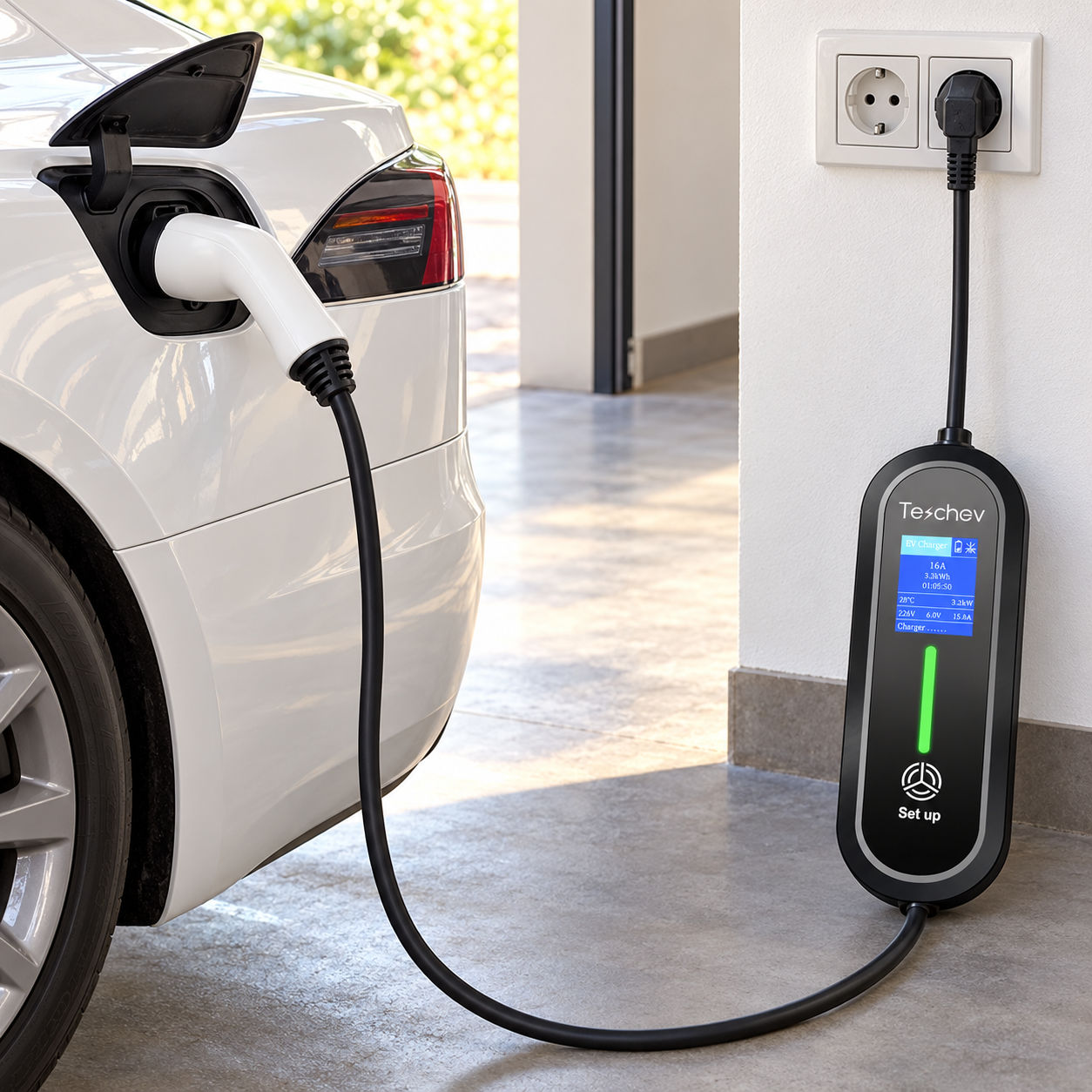 Chargeur Type 2 à poignée blanche utilisé sur une prise Schuko