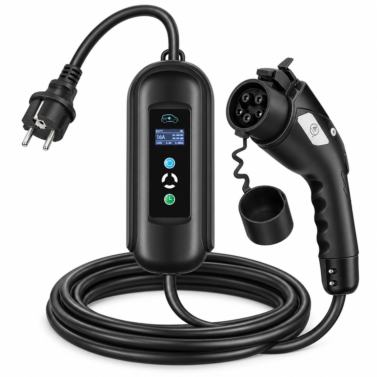 Chargeur portable noir Type 1 vers Schuko avec boîtier et câble