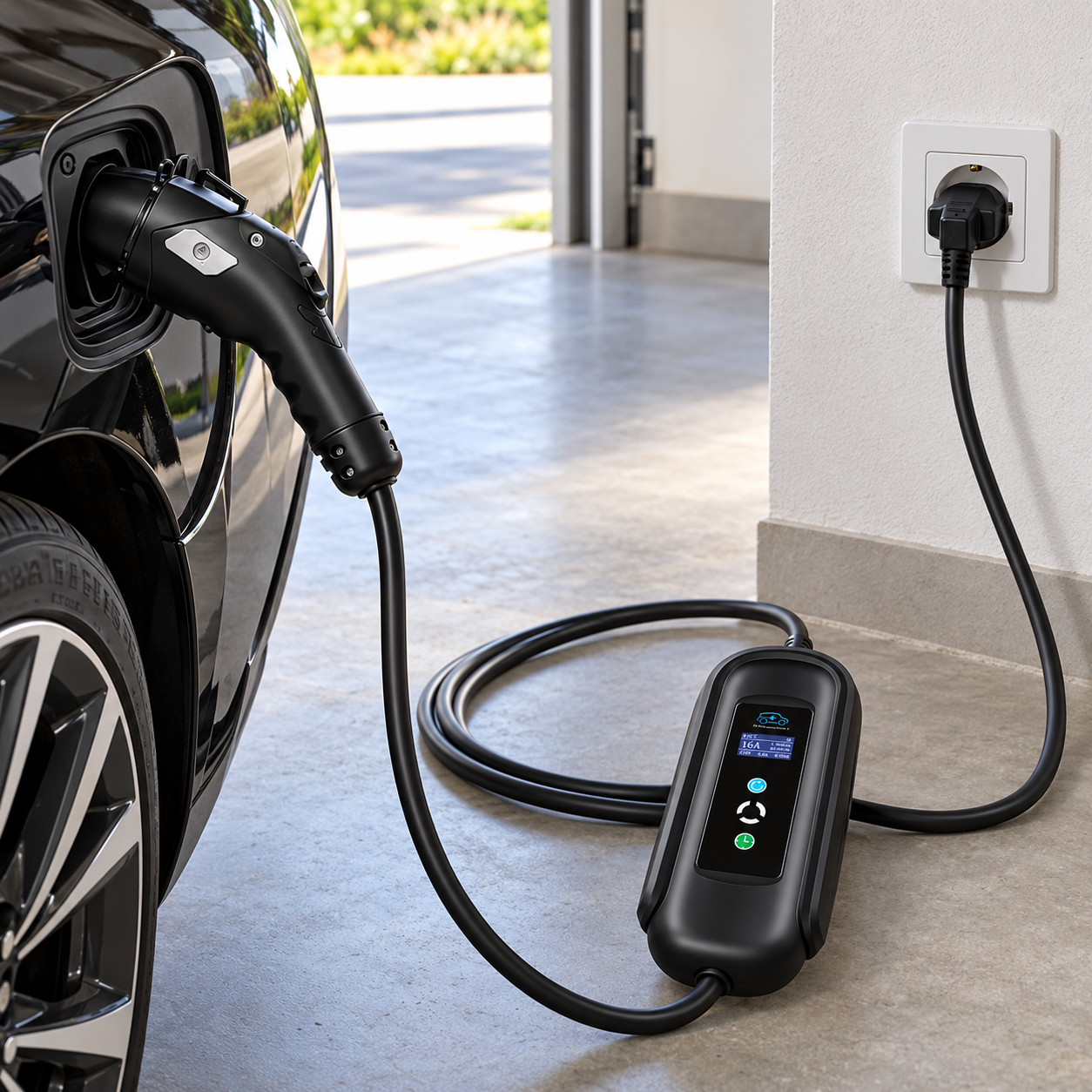 Chargeur Type 1 vers Schuko utilisé sur une installation domestique