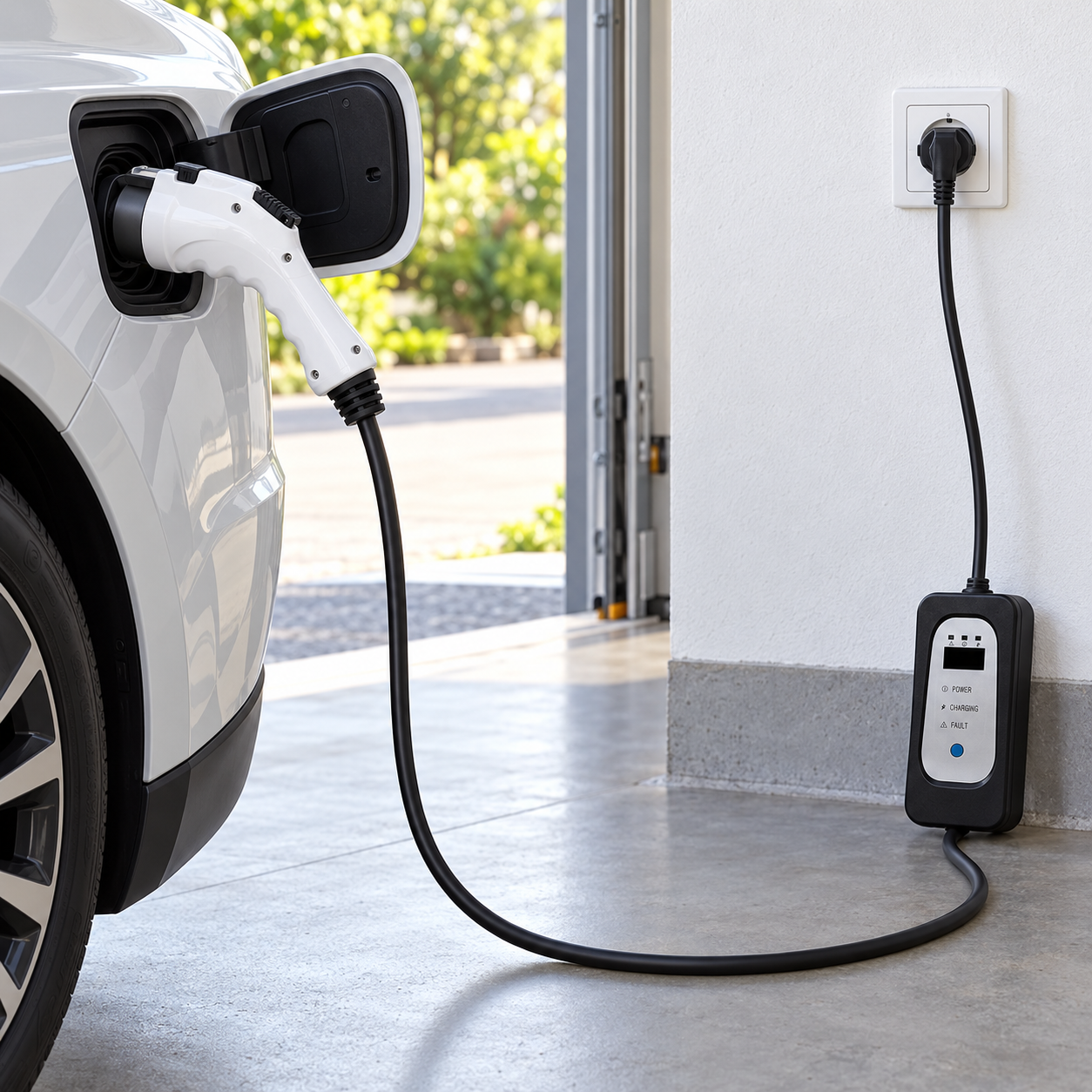 Chargeur Type 1 à poignée blanche utilisé sur une installation domestique