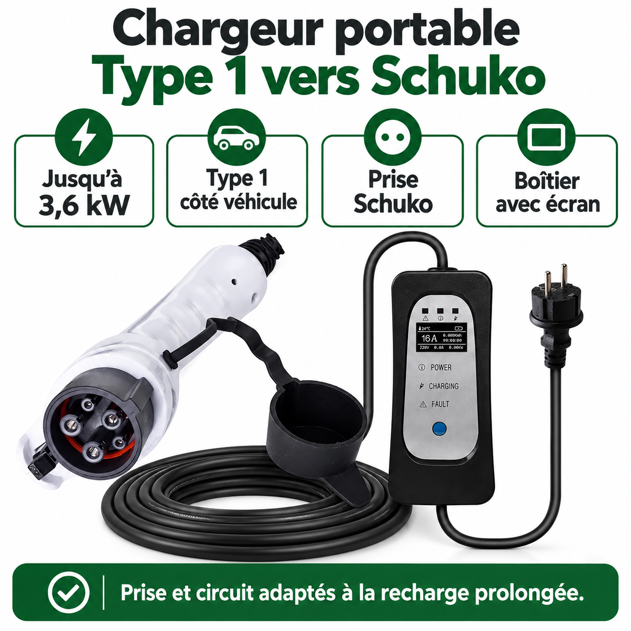 Chargeur Type 1 Schuko : jusqu’à 3,6 kW, boîtier avec écran