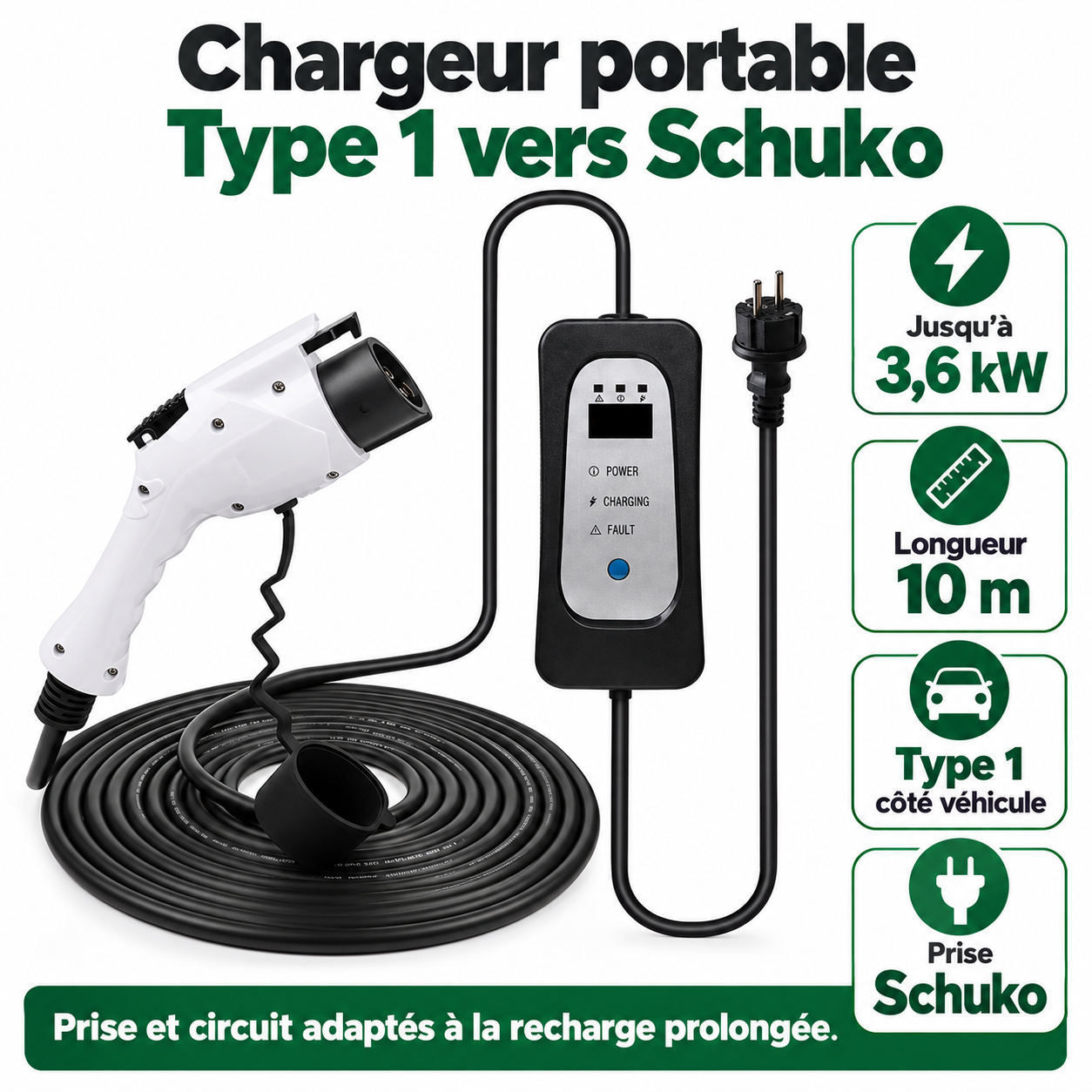 Chargeur Type 1 Schuko : jusqu’à 3,6 kW et longueur 10 m