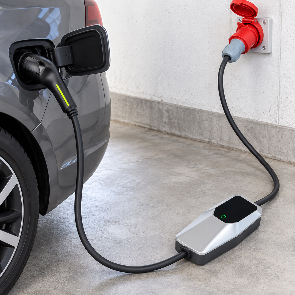 Chargeur Type 2 utilisé sur une prise CEE industrielle rouge