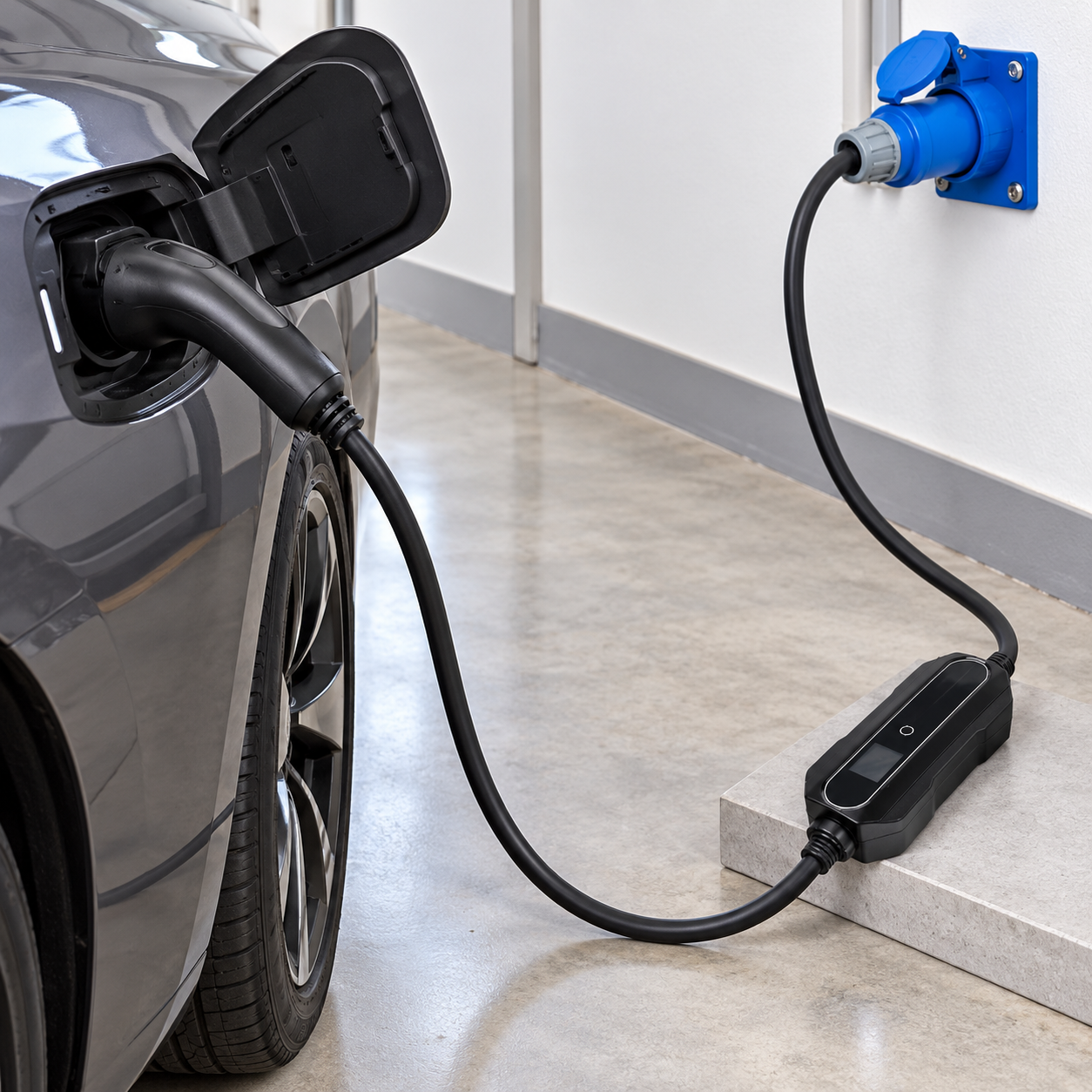 Chargeur Type 2 utilisé sur une prise CEE industrielle bleue