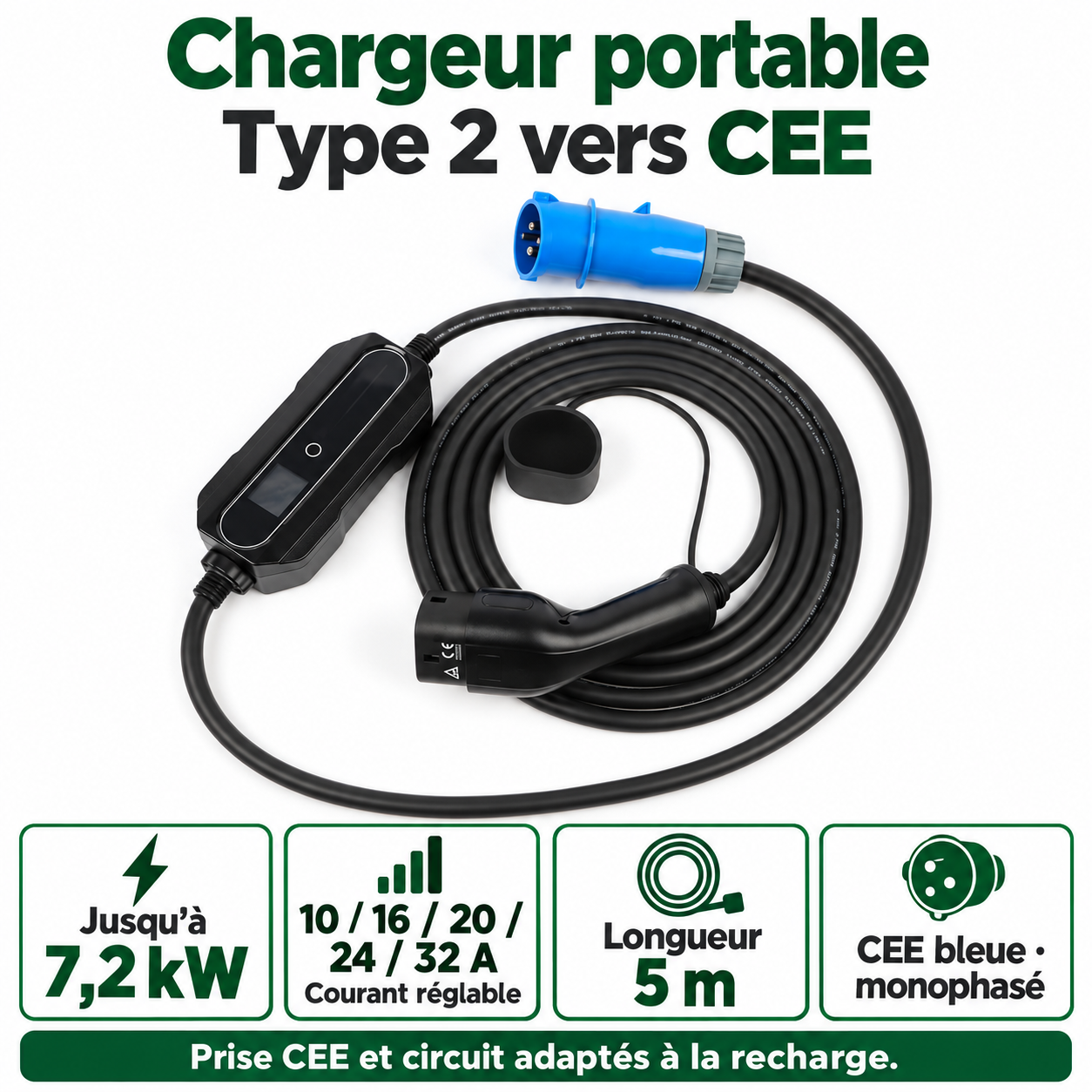 Chargeur Type 2 CEE bleue : 7,2 kW, réglage 10 à 32 A et câble 5 m