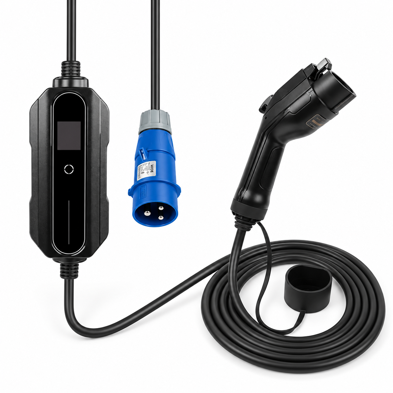 Chargeur portable noir Type 1 vers CEE industrielle bleue