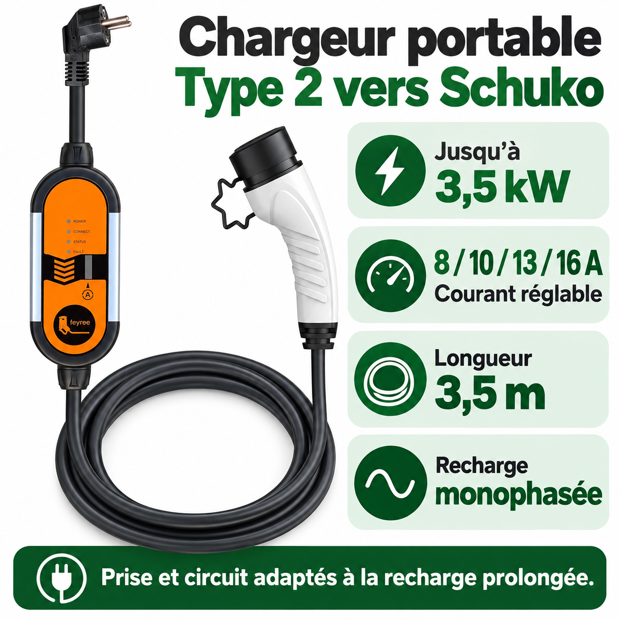 Chargeur orange Type 2 Schuko : 3,5 kW, réglage 8 à 16 A et câble 3,5 m