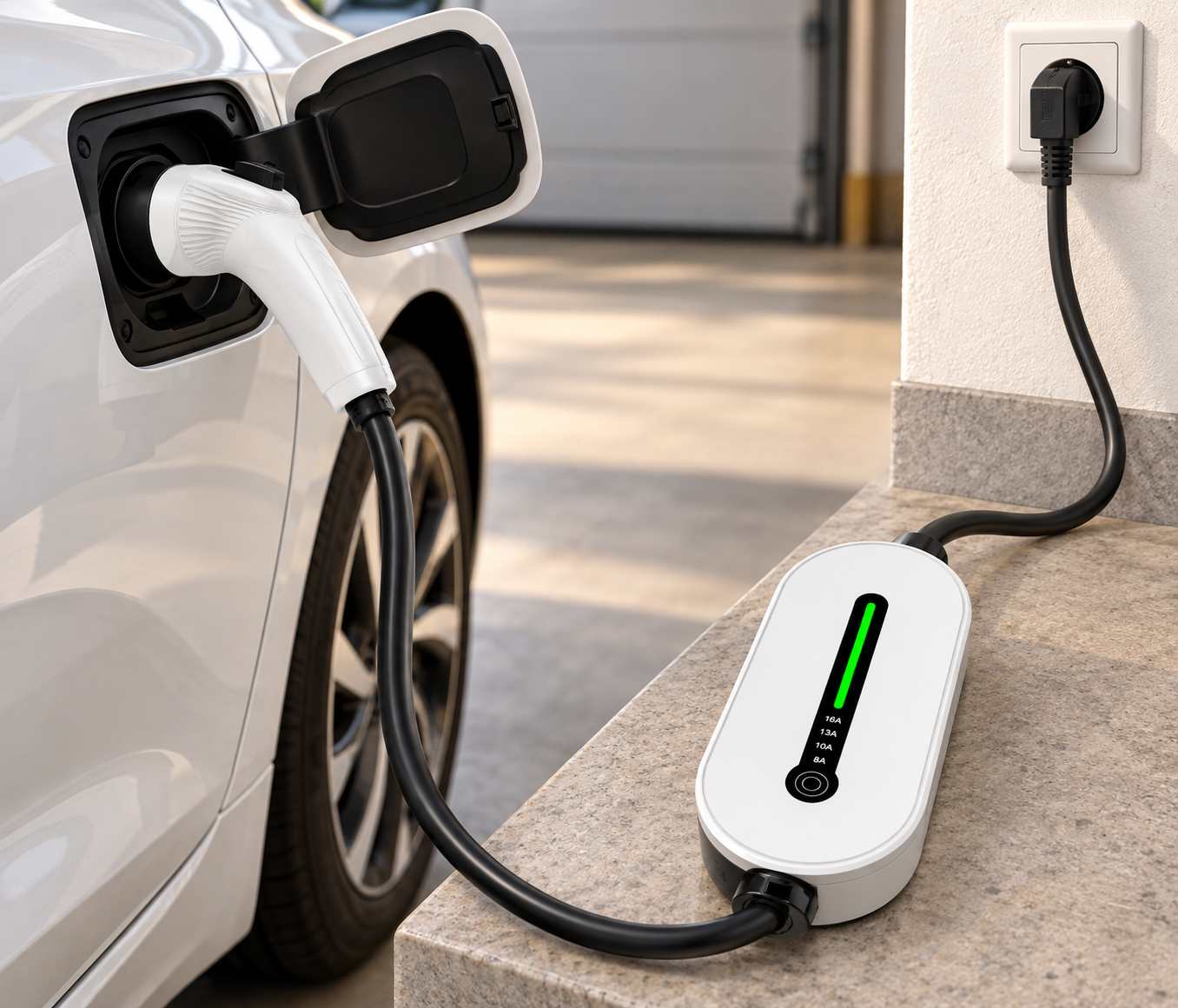 Chargeur blanc Type 2 vers Schuko utilisé sur une installation domestique