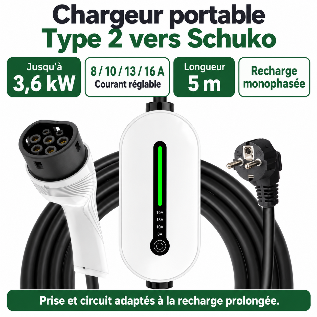 Chargeur blanc Type 2 Schuko : 3,6 kW, réglage 8 à 16 A et câble 5 m