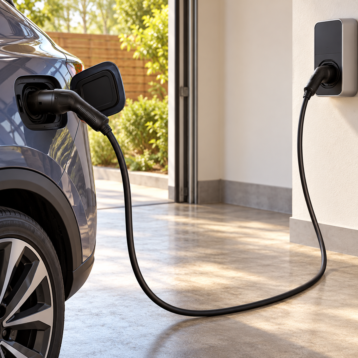 Câble noir Type 2 utilisé entre un véhicule et une borne de recharge