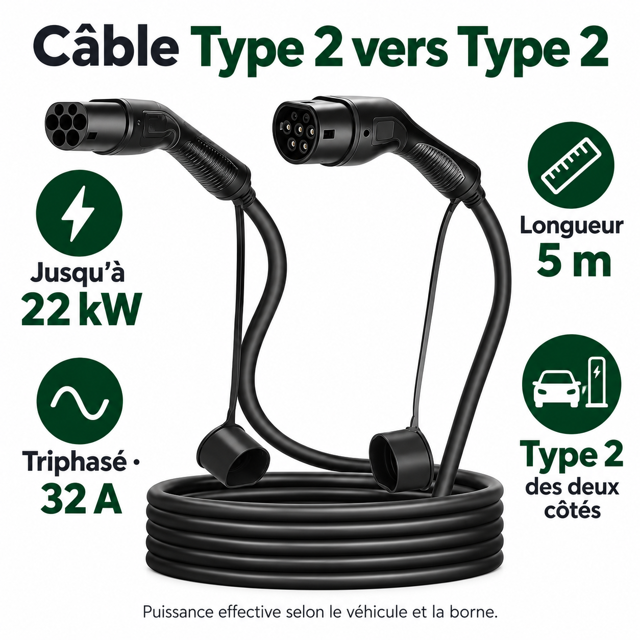 Câble Type 2 : 22 kW, recharge triphasée 32 A et longueur 5 m