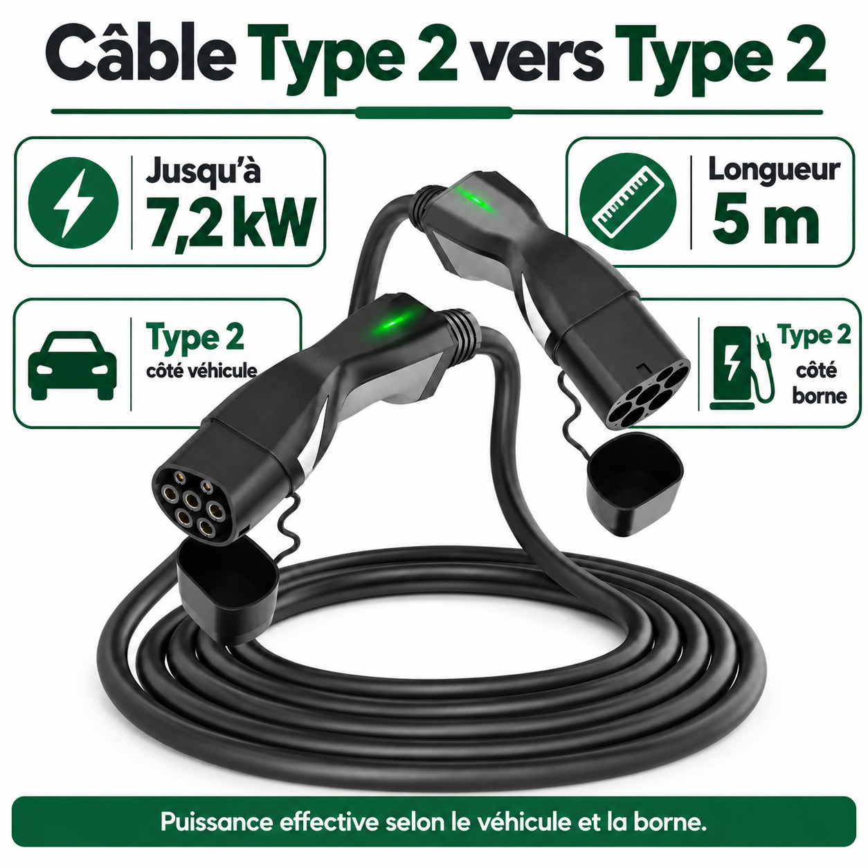 Câble Type 2 : 7,2 kW, longueur 5 m