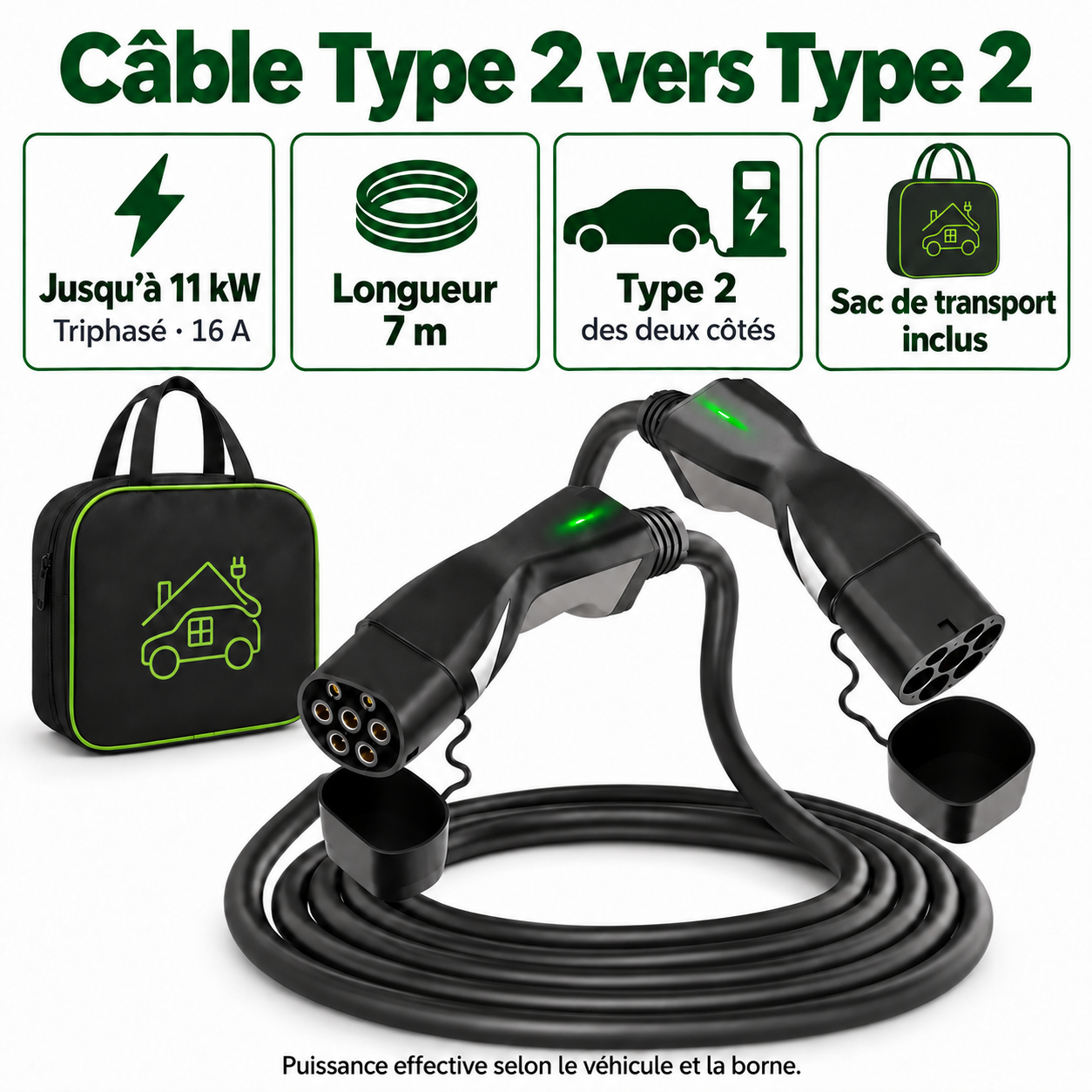 Câble Type 2 : 11 kW en triphasé 16 A, longueur 7 m et sac inclus