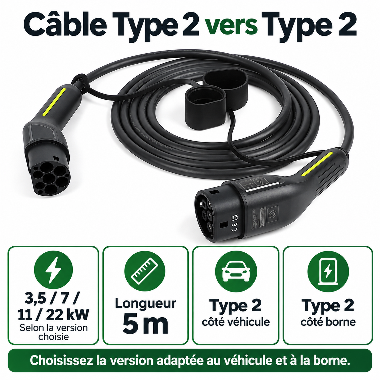 Câble Type 2 : longueur 5 m et versions 3,5, 7, 11 ou 22 kW