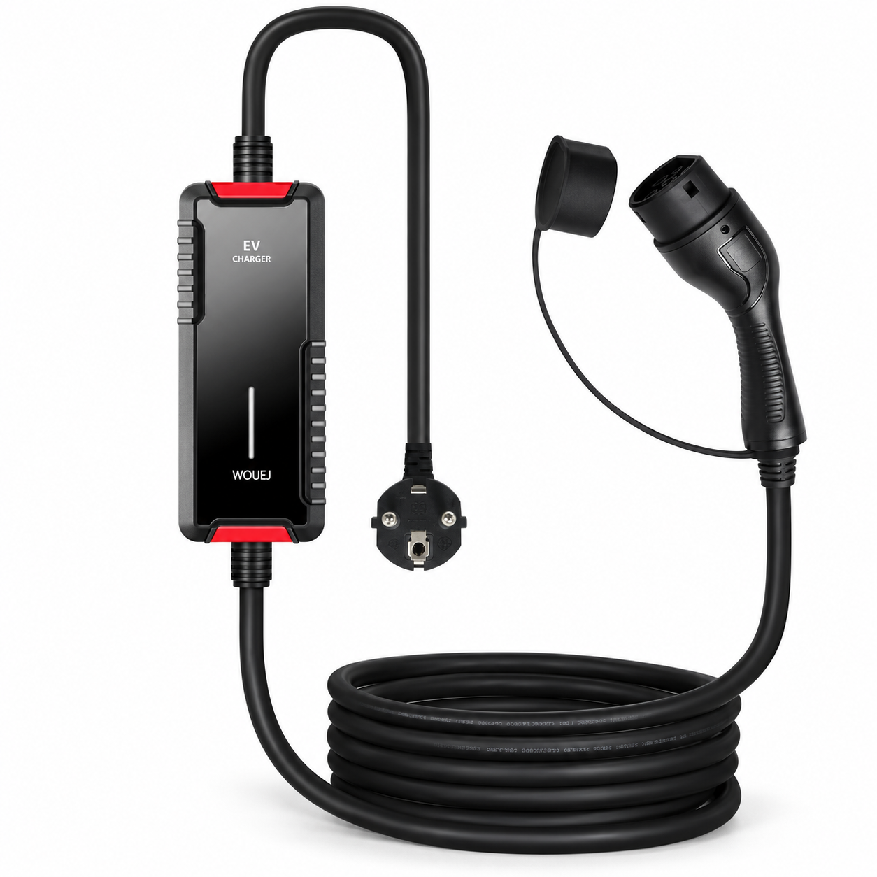 Chargeur portable Type 2 vers Schuko à boîtier noir et accents rouges