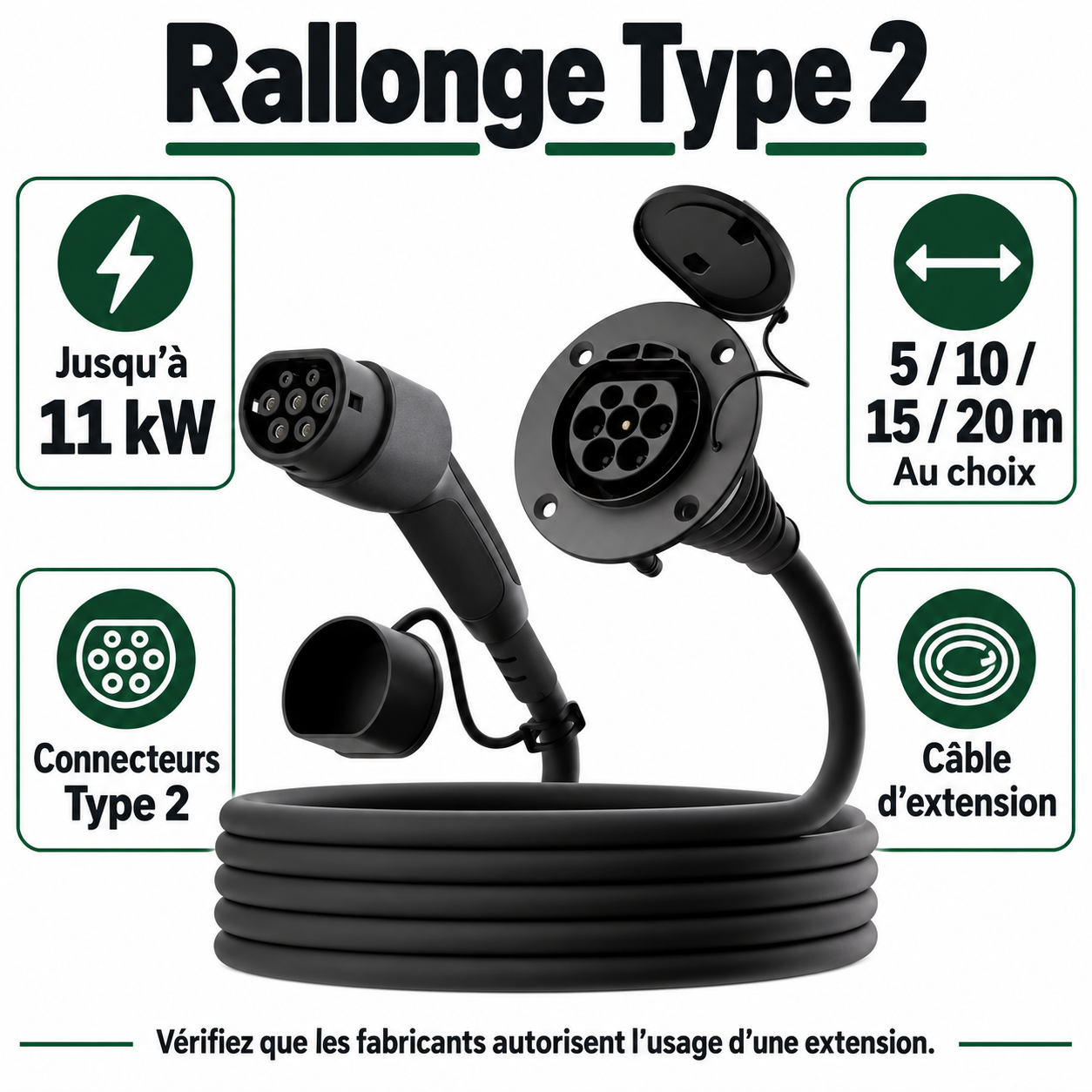 Rallonge Type 2 : 11 kW et longueurs 5, 10, 15 ou 20 m au choix