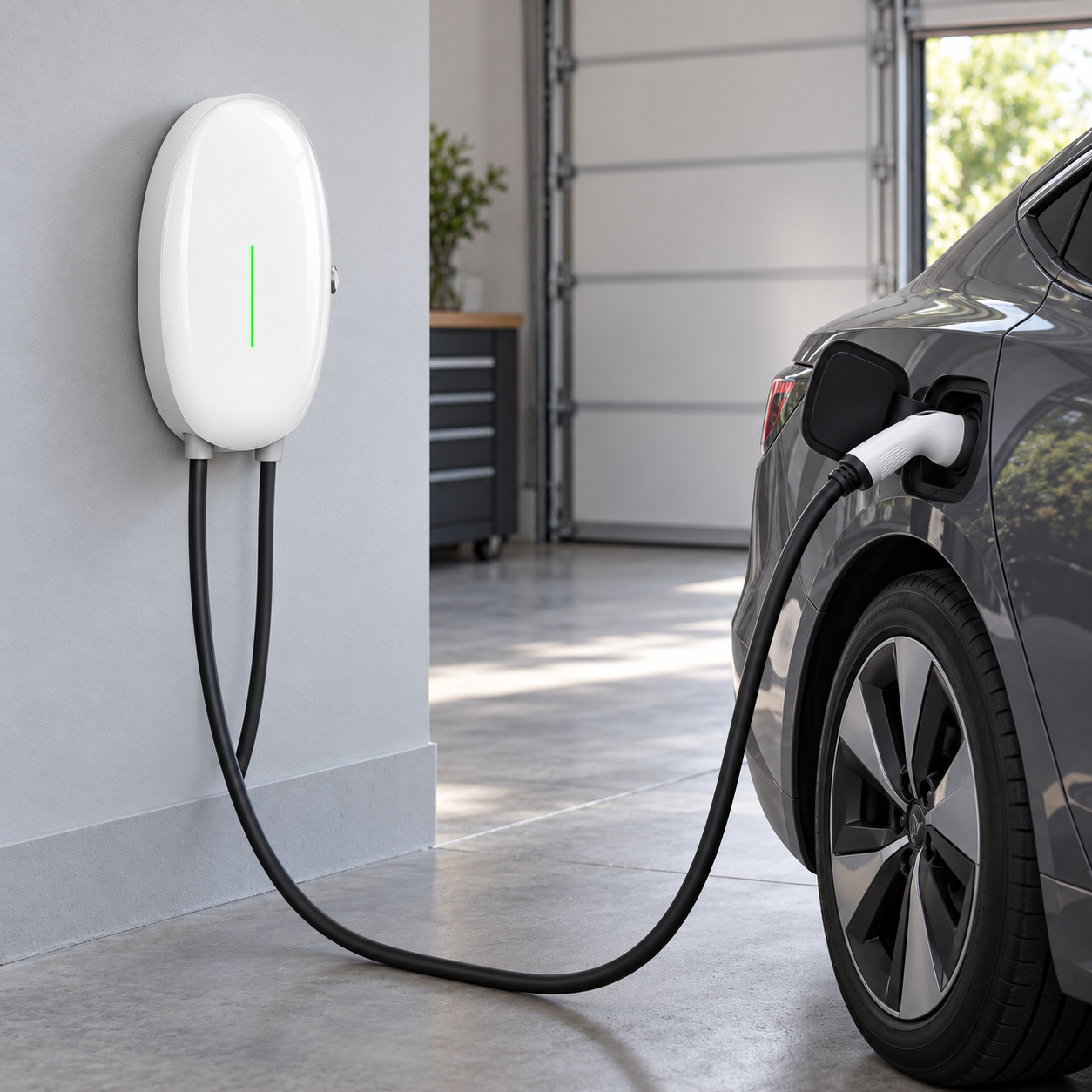 Borne 11 kW installée dans un garage avec véhicule branché
