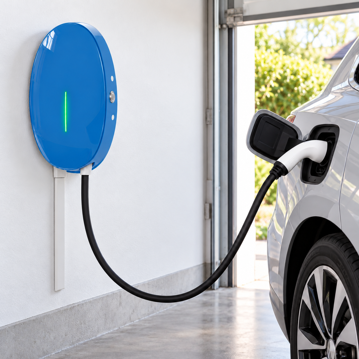Borne bleue 7,2 kW en situation de recharge dans un garage